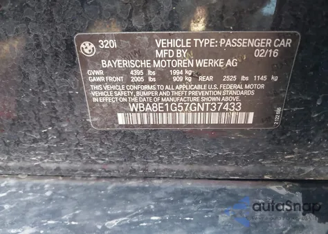 2016 BMW 320I from USA, damaged, VIN WBA8E1G57GNT37433